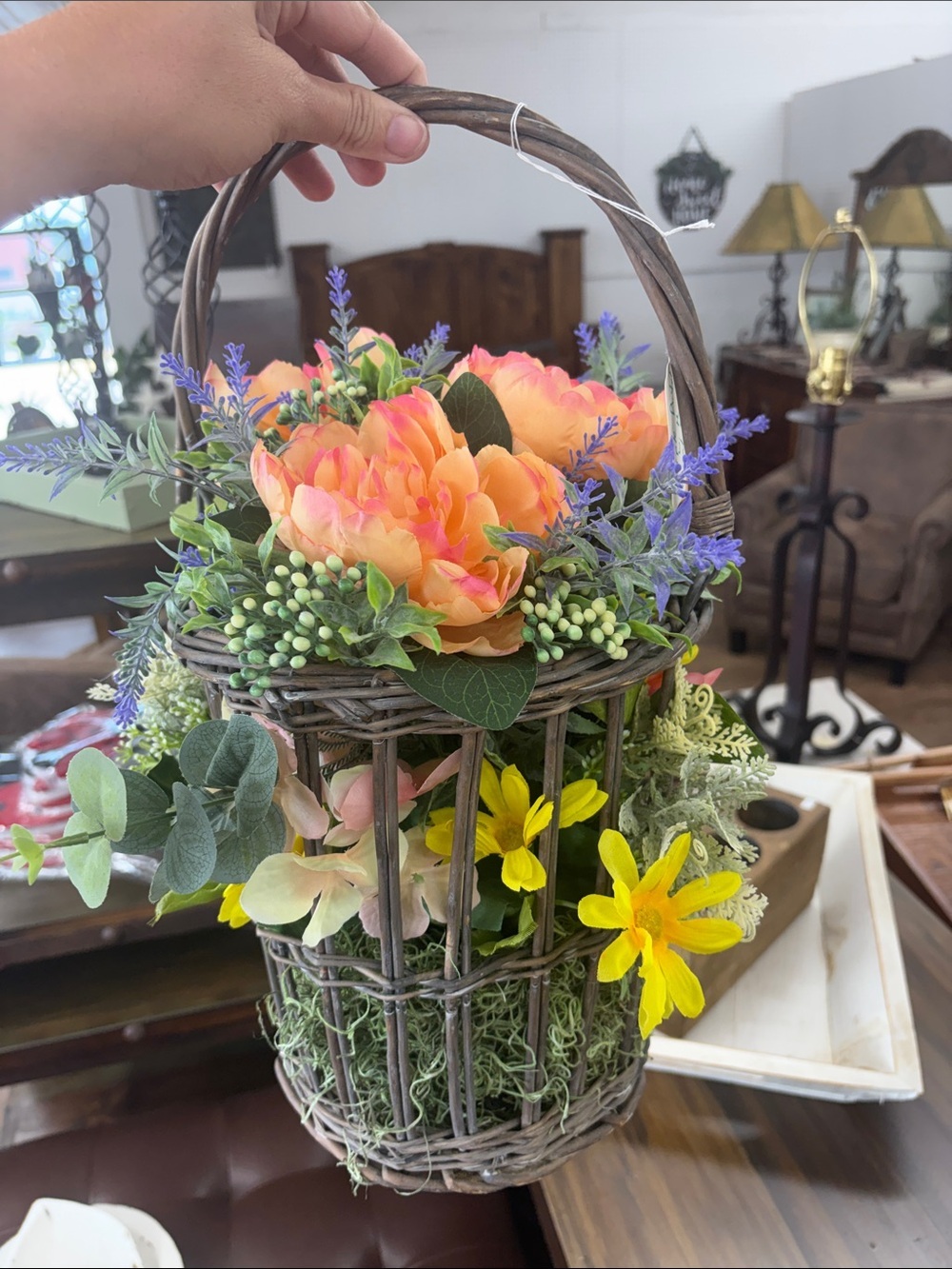 Peach & Lavender Faux Floral Basket Arrangement by - Picture 2 of 3